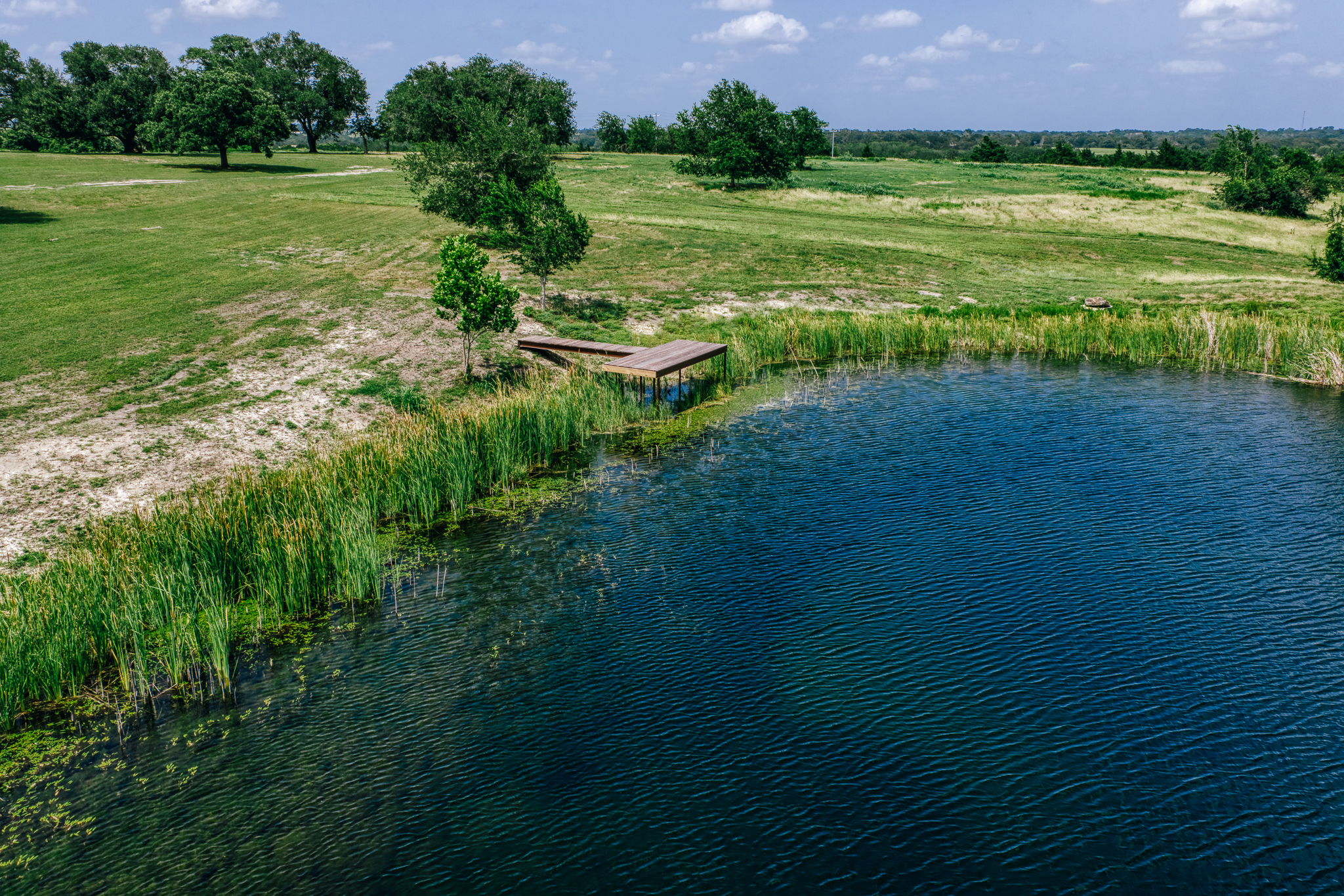 Aerial of dock, pond, and oak backdrop — Lot 3